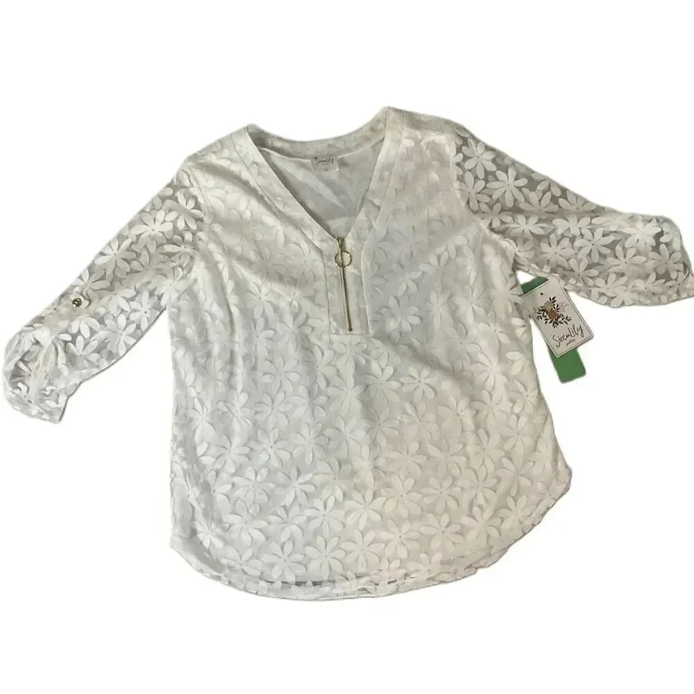 NWT SirenLily White Floral Lace Overlay Sheer Sleeve V Neck Blouse Womens XLP‎